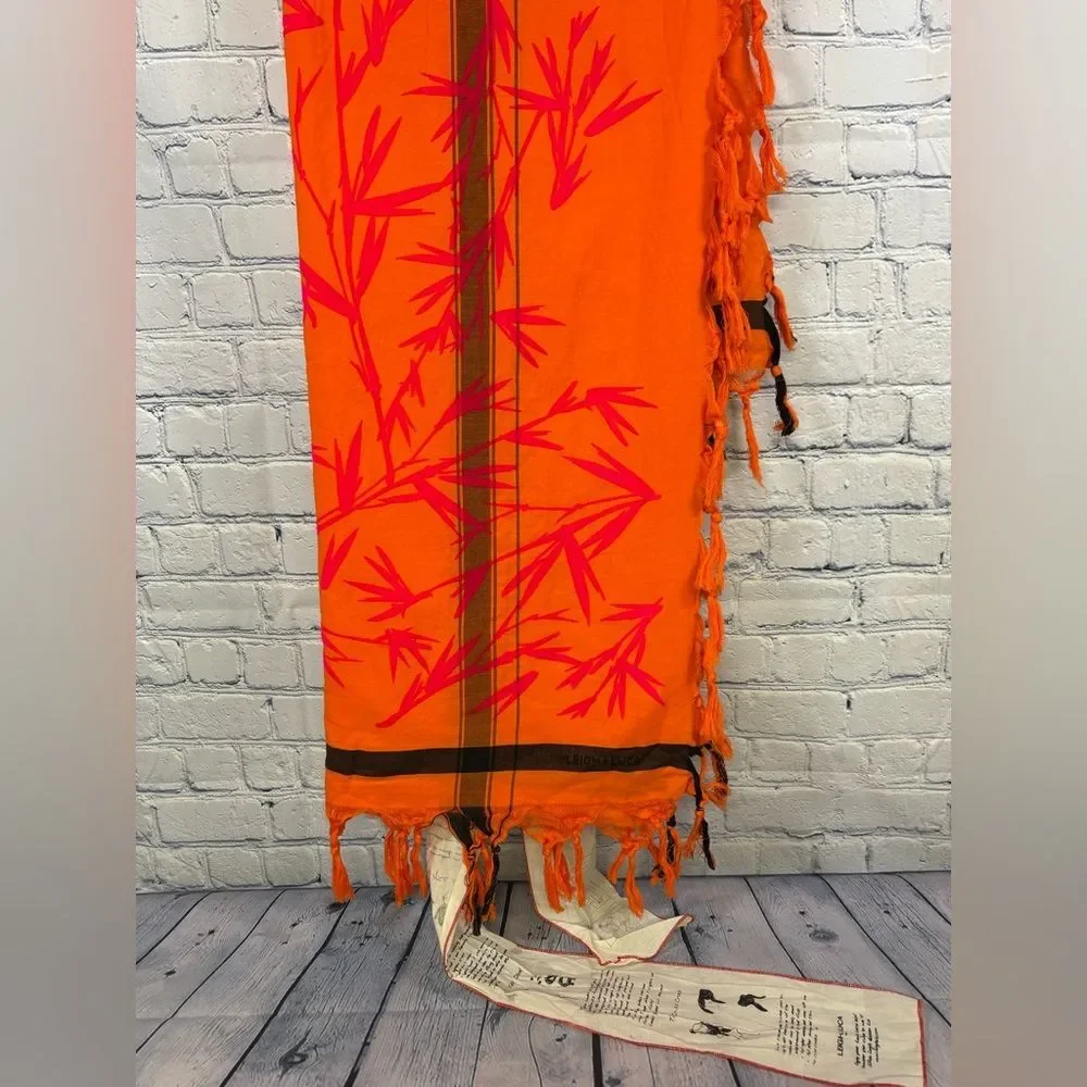 NWT Leigh & Luca Orange Pink Flocked Fine Cotton Hand Printed Tasseled Scarf